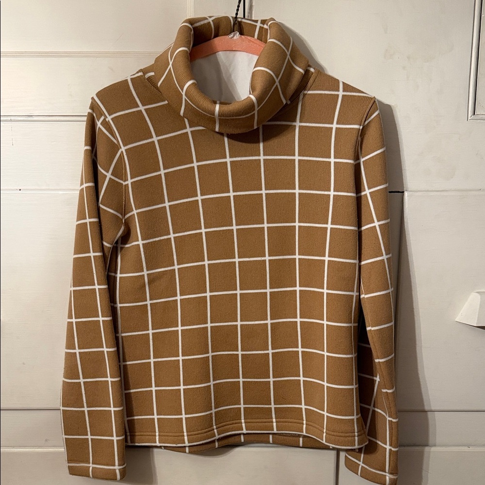 J. Crew Camel and White Windowpane Turtleneck Sweater